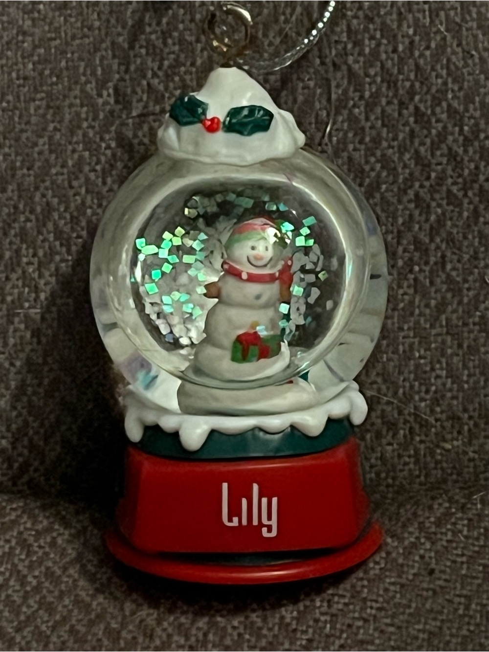 Personalized Red Snowman Snow Globe Ornament - Lily